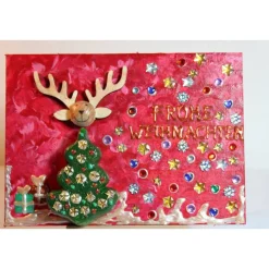 Clearance Minibild FROHE WEIHNACHTEN, kleine Collage Weihnachtsdeko mit Rentierkopf aus Holz, nette Tischdeko oder Gastgeschenk Weihnachtsgeschenke