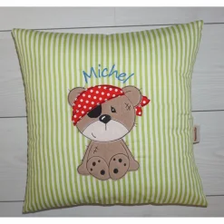 Sale Namenskissen, Kuschelkissen Doodle Stickerei Bärchen "Theo der Pirat" und Namen 40x40 cm, Hülle & Inlett Geschenke