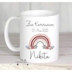 Geschenke|Die Farbkleckserei 123 Namenstasse  zur Kommunion personalisiert Regenbogen