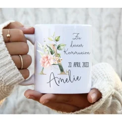 Hot Namenstasse zur Kommunion mit Namen Monogramm lila Blumen personalisiert Geschenke