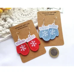 Clearance Ohrringe Handschuhe gestickt, rote oder hellblaue Spitzenohrringe, Winter Hängeohrringe Lace, zu Weihnachten Weihnachtsaccessoires