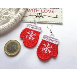 Clearance Ohrringe Handschuhe gestickt, rote oder hellblaue Spitzenohrringe, Winter Hängeohrringe Lace, zu Weihnachten Weihnachtsaccessoires