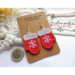 Clearance Ohrringe Handschuhe gestickt, rote oder hellblaue Spitzenohrringe, Winter Hängeohrringe Lace, zu Weihnachten Weihnachtsaccessoires