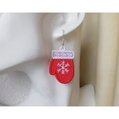 Clearance Ohrringe Handschuhe gestickt, rote oder hellblaue Spitzenohrringe, Winter Hängeohrringe Lace, zu Weihnachten Weihnachtsaccessoires