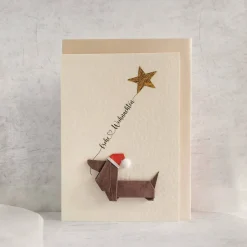 Weihnachtskarten|T4PaperArt Origami Weihnachtskarte Dackel Hund mit Herzluftballon - Handgemachte 3D Weihnachtskarte Dachshund