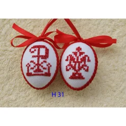Outlet Osterdeko, Kreuzstich Osterei,  religiöses Motiv  Handgestickt, rot-weiß 6cm Ostereier