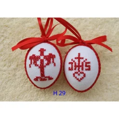 Outlet Osterdeko, Kreuzstich Osterei,  religiöses Motiv  Handgestickt, rot-weiß 6cm Ostereier
