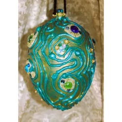 Best Osterei PETROL mit Acrylfarbe bemalt und mit Wolle und Schmucksteinen verziert Osterdeko Hängedeko großes Osterei Ostereier