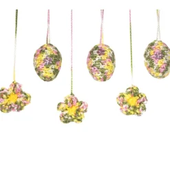 Sale Ostereier Set gehäkelt – 3 Ostereier & 3 Blüten in Pastellfarben zum Aufhängen – Handarbeit Osterdeko rosa weiß grün gelb Ostereier