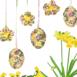 Sale Ostereier Set gehäkelt – 3 Ostereier & 3 Blüten in Pastellfarben zum Aufhängen – Handarbeit Osterdeko rosa weiß grün gelb Ostereier