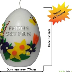 Osterkerzen|Kreativatelier A & V Ostereikerze mit Frühlingsstrauß und Schmetterling, "Frohe Ostern" Ostergeschenk Osterkerze Osterdeko