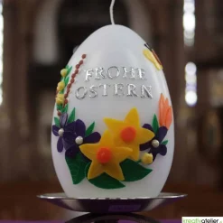 Osterkerzen|Kreativatelier A & V Ostereikerze mit Frühlingsstrauß und Schmetterling, "Frohe Ostern" Ostergeschenk Osterkerze Osterdeko