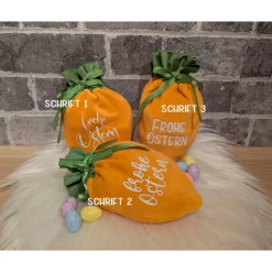 New Oster-Geschenkbeutel Karotte aus Nikkistoff – 12 x 20 cm – „Frohe Ostern“ – Personalisierbar Geschenkverpackungen