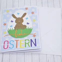 Osterkarte Hase im Ei bunt – Fröhliche Ostergrüße mit Blumen & Umschlag Osterkarten