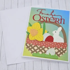 Osterkarten|Kleine Schätze Osterkarte Osternest Narzisse mit Osterglocke und cremefarbenem Hase – handgefertigt