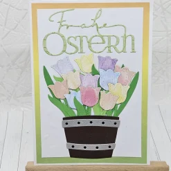Osterkarten|Kleine Schätze Osterkarte Tulpen bunt – Frühlingsgruß mit pastellfarbenen Tulpen