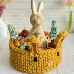 Online Osterkorb mit Holzboden | Häkelkorb mit Hasenohren | Häkelnest | Perfekt für Ostern & Ostergeschenke Osterkörbchen