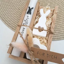 Ostern Geschenkset Ostergeschenk Hase mit Herz klein Kerzenhalter Herz Kerzenset Stabkerze Kerzenbox Holzbox Mitbringsel Osterkerzen