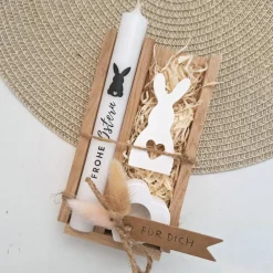 Ostern Geschenkset Ostergeschenk Hase mit Herz klein Kerzenhalter Herz Kerzenset Stabkerze Kerzenbox Holzbox Mitbringsel Osterkerzen