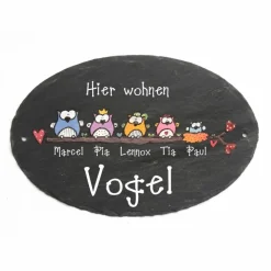 Outlet Ovales Türschild aus Schiefer mit Eulen handgemalt, Haustürschild mit Name personalisiert, Schieferschild für die Haustür, Namensschild für den Hauseingang, individuelles Familiengeschenk Gastgeschenke