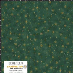 Hot Patchworkstoff Star Springle,  grüner Quiltstoff mit  goldenen Sterne, Tannenbäume und Schrift Weihnachtsstoffe