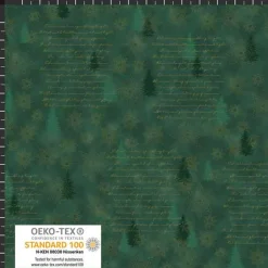 Hot Patchworkstoff Star Springle,  grüner Quiltstoff mit  goldenen Sterne, Tannenbäume und Schrift Weihnachtsstoffe