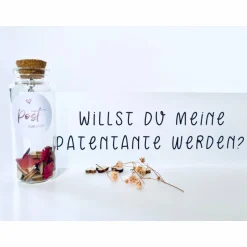 Einladungskarten|Blomidesign Patentante fragen / willst du meine Patentante werden? / Flaschenpost / Herz Anhänger/ Patin fragen/ Karte für Paten