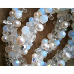 Sale Perlenkette weiß mit Bergkristall und Mondstein Collier üppige Kette zur Hochzeit Brautschmuck Brautschmuck