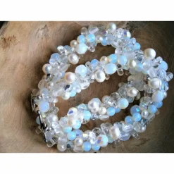 Sale Perlenkette weiß mit Bergkristall und Mondstein Collier üppige Kette zur Hochzeit Brautschmuck Brautschmuck