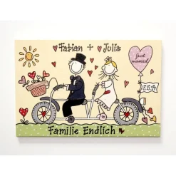 Gastgeschenke|DeinUnikat Personalisierbares Türschild aus Holz – Hochzeitsgeschenk für das Brautpaar, Haustürschild mit Braut und Bräutigam auf einem Fahrrad, Schild mit Hochzeitsdatum und Namen