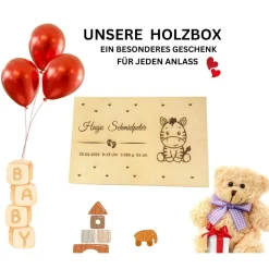 Dekoration|KreativePeri Personalisierte Erinnerungskiste für Babys - Tiergruppe Safari  - Personalisiert mit Name & Datum - Holzbox