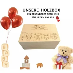 Dekoration|KreativePeri Personalisierte Erinnerungskiste für Babys - Safari-Tiermotiv - mit Name und Datum personalisiert.