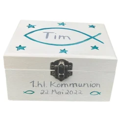 Geschenke|SuAn-Bilder Personalisierte Erinnerungskiste Fisch zur Taufe, Kommunion & Konfirmation – Geschenkbox aus Holz