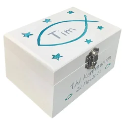 Geschenke|SuAn-Bilder Personalisierte Erinnerungskiste Fisch zur Taufe, Kommunion & Konfirmation – Geschenkbox aus Holz