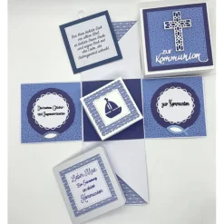 Geldgeschenke|hannesticheleien Personalisierte Explosionsbox zur Kommunion, Konfirmation, Taufe oder Geburt – Handgemachtes Geschenk mit Bibel-Schachtel (blau/weiß)