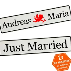 Clearance Personalisierte Hochzeitskennzeichen mit Namen – 2 Stück, Deko fürs Hochzeitsauto, Wunschtext Hochzeitsdeko