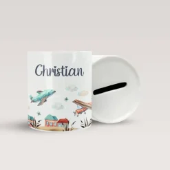 Online Personalisierte Spardose *Airplanes* aus Keramik mit Name für Kinder / Geschenk zur Einschulung, Geburt und Taufe Geldgeschenke