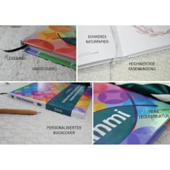 Best personalisiertes farbenfrohes Gästebuch zur Kommunion mit Fischen und Kreisen in Regenbogenfarben auch mit Gästefragen Geschenke