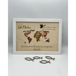 Personalisiertes Geldgeschenk Weltkarte aus Holz – Geschenk zur Konfirmation, Taufe, Kommunion & Firmung im Bilderrahmen Geldgeschenke