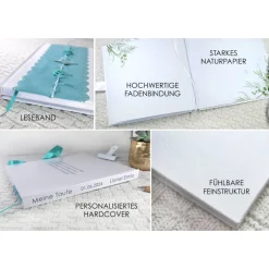 Fotoalbum & Gästebuch|my-own-story personalisiertes Gästebuch & Album zur Taufe mit Schmetterling, Rosen und Bändern auf Samt in Hellblau Babyblau
