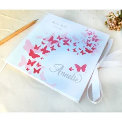 Clearance personalisiertes Gästebuch & Album zur Taufe mit Schmetterlingen in Pink & Rosa blanko o. mit Fragebogen Fotoalbum & Gästebuch