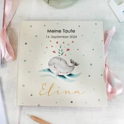 personalisiertes Gästebuch zur Taufe mit Wal, Welle, Herz in Grau & Rosa blanko od. mit Fragen / Fragebogen Fotoalbum & Gästebuch