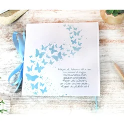 Sale personalisiertes Gästebuch & Album zur Taufe mit Herz aus Schmetterlingen in Hellblau blanko o. mit Fragebogen Fotoalbum & Gästebuch