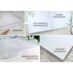 Clearance personalisiertes Gästebuch & Album zur Taufe mit Kreuz aus Fischen in Hellblau blanko o. mit Fragebogen Fotoalbum & Gästebuch
