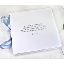 Clearance personalisiertes Gästebuch & Album zur Taufe mit Kreuz aus Fischen in Hellblau blanko o. mit Fragebogen Fotoalbum & Gästebuch