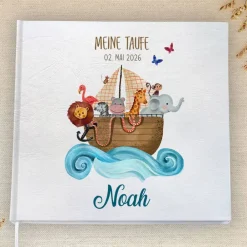 Discount personalisiertes Gästebuch zur Taufe mit Arche Noah und Tieren blanko od. mit Fragen / Fragebogen Fotoalbum & Gästebuch