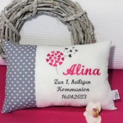 Clearance personalisiertes Namenskissen Geschenk zur Kommunion Konfirmation Geburt Taufe in grau weiß Geschenke
