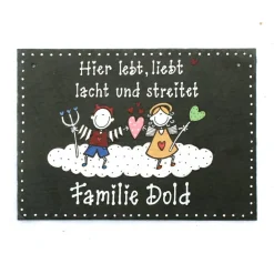 New Personalisiertes Schiefertürschild für Paare mit Engel und Teufel – Individuelles Haustürschild mit Namen Gastgeschenke