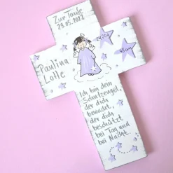 Clearance Personalisiertes Taufkreuz Mädchen – Handbemaltes Schutzengelkreuz Geschenk Patenkind | Kinderkreuz mit Psalm & Wunschfarbe Geschenke