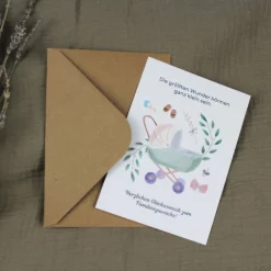 Clearance Postkarte zur Geburt Grußkarte baby Karte mit Umschlag kraftpapier Chromokarton grün creme neutral genderneutral Glückwunschkarten